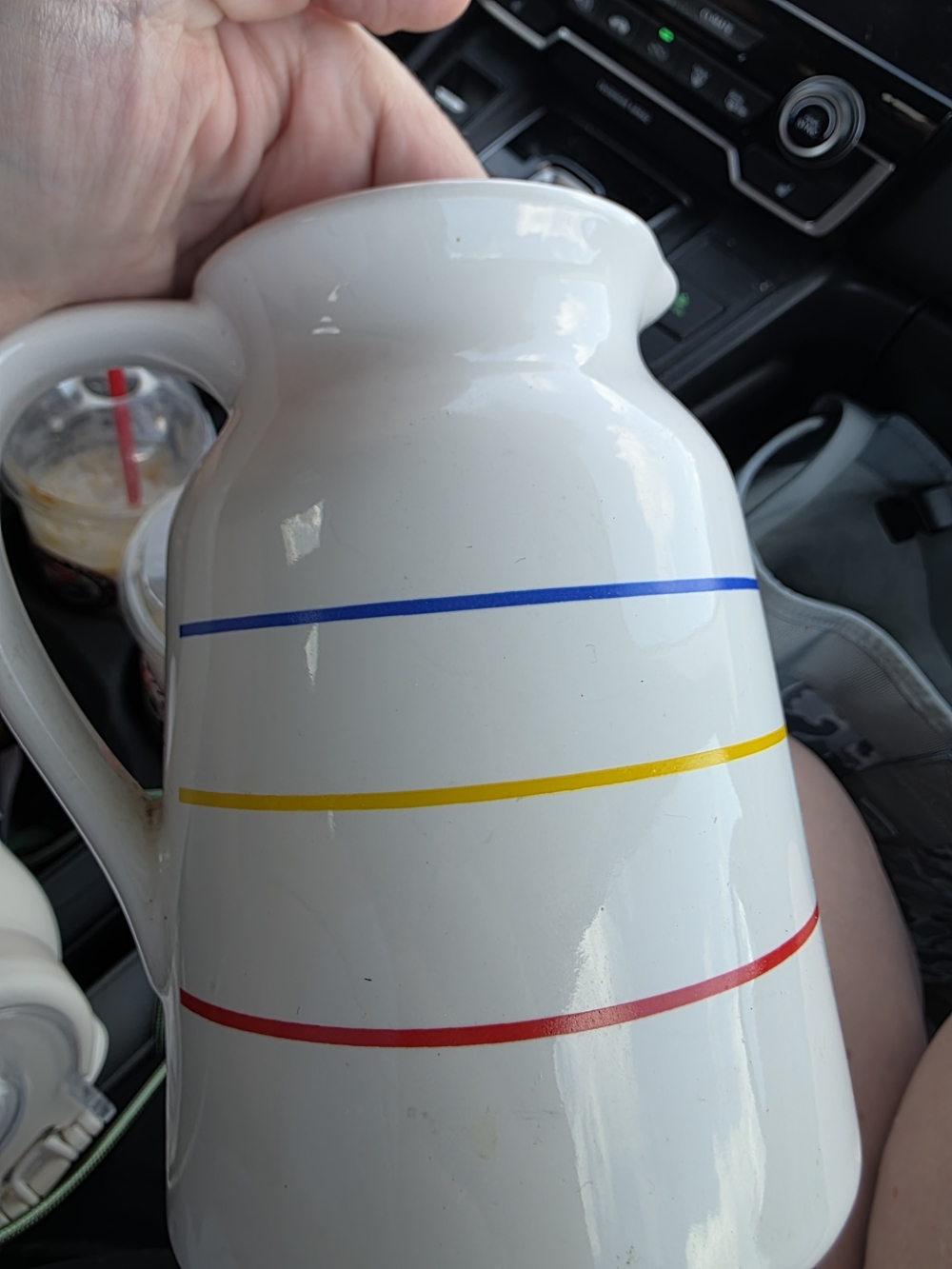 Vintage Cooks Tools Primary Stripe Ceramic Pitcher White Blue Yellow Red MCM